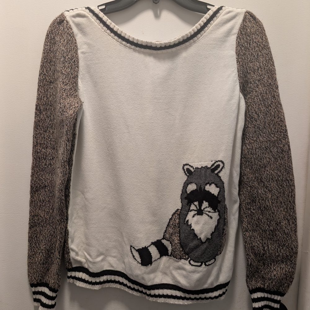 Anthropologie White and Brown Raccoon Sweater